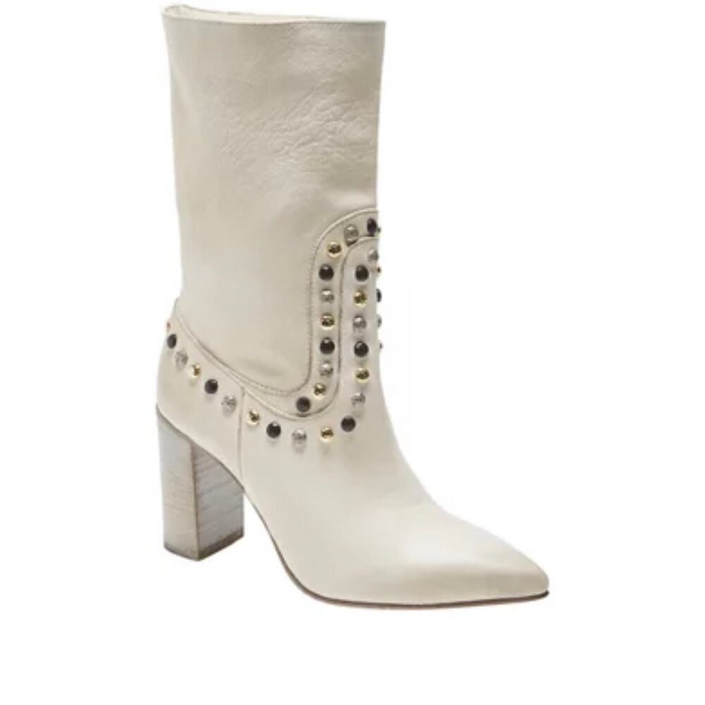 Free People Studded Womens Leather Dakota Heeled Boots Ivory Size 38